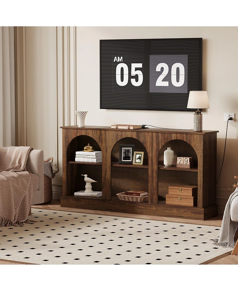 homfan 63" Arched Tv Stand with Charging Station and 3-Tier Open Shelves, for 65-70" Tv