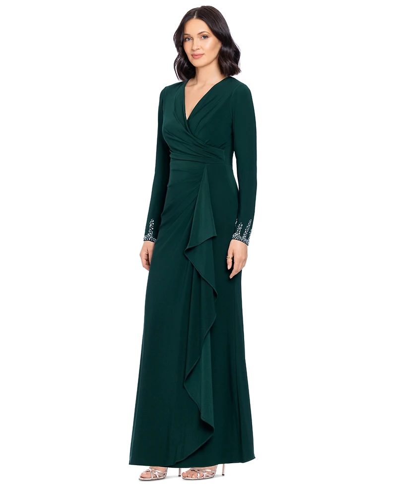 Betsy & Adam Women's Beaded Sleeve Ruched Maxi Dress
