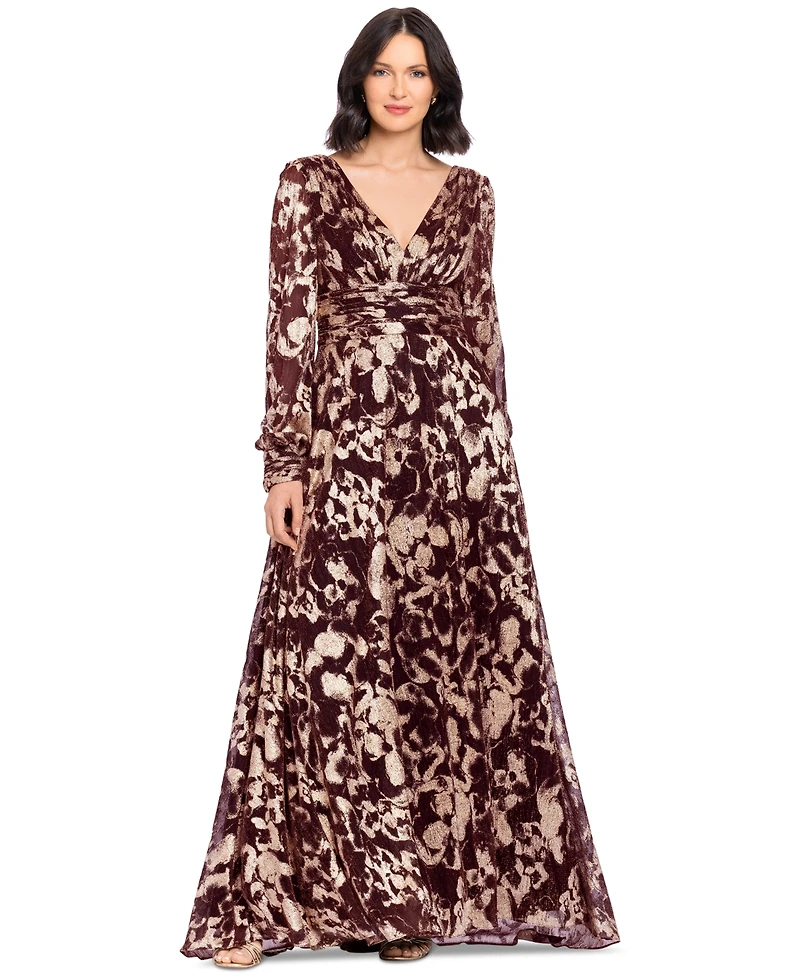 Betsy & Adam Petite V-Neck Long-Sleeve A-Line Gown