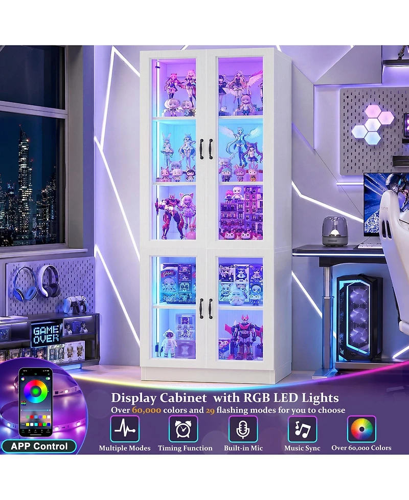 5-Tier Tall Display Cabinet with Glass Doors, 80" Bookcase with Led Light