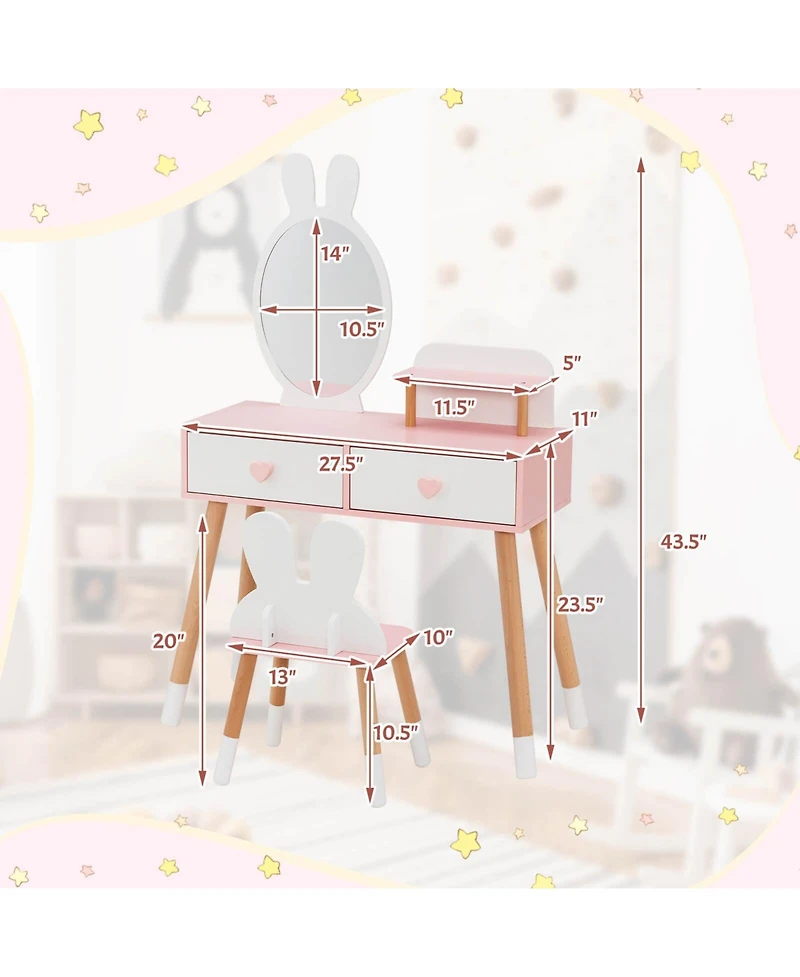 Gouun 2 in 1 Wooden Princess Kids Vanity Set with Mirror