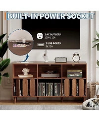homfan 55.1" Wide Vinyl Record Player Stand with Power Outlets and Usb, Storage Cabinet for 300 Plus Records