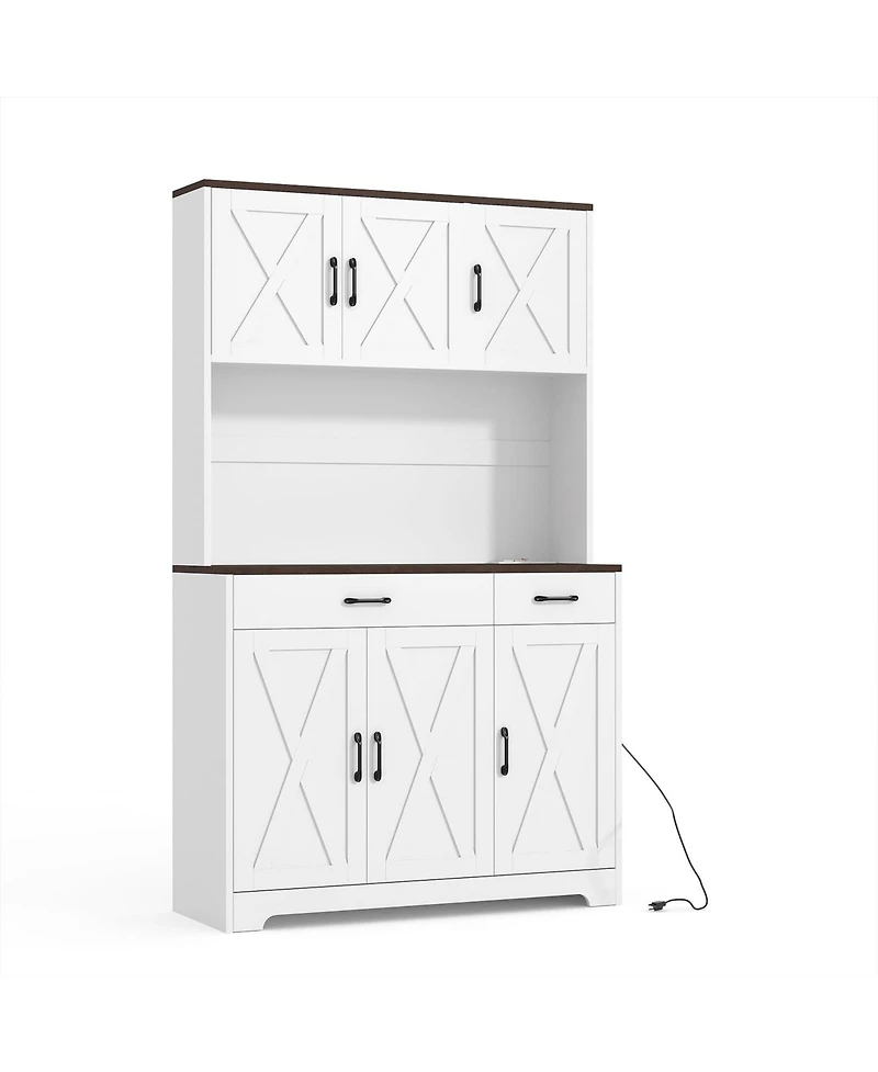 homfan 71-Inch Tall Pantry Cabinet with Built-In Charging Station, Microwave Stand and Drawers,Farmhouse Kitchen Hutch for Dining Room and Living Room