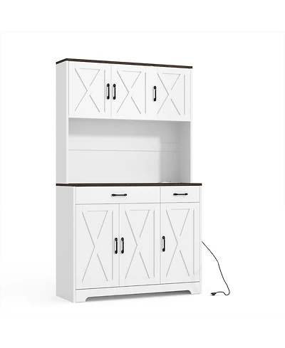 homfan 71-Inch Tall Pantry Cabinet with Built-In Charging Station, Microwave Stand and Drawers,Farmhouse Kitchen Hutch for Dining Room and Living Room