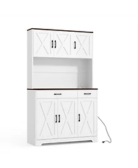 homfan 71-Inch Tall Pantry Cabinet with Built-In Charging Station, Microwave Stand and Drawers,Farmhouse Kitchen Hutch for Dining Room and Living Room