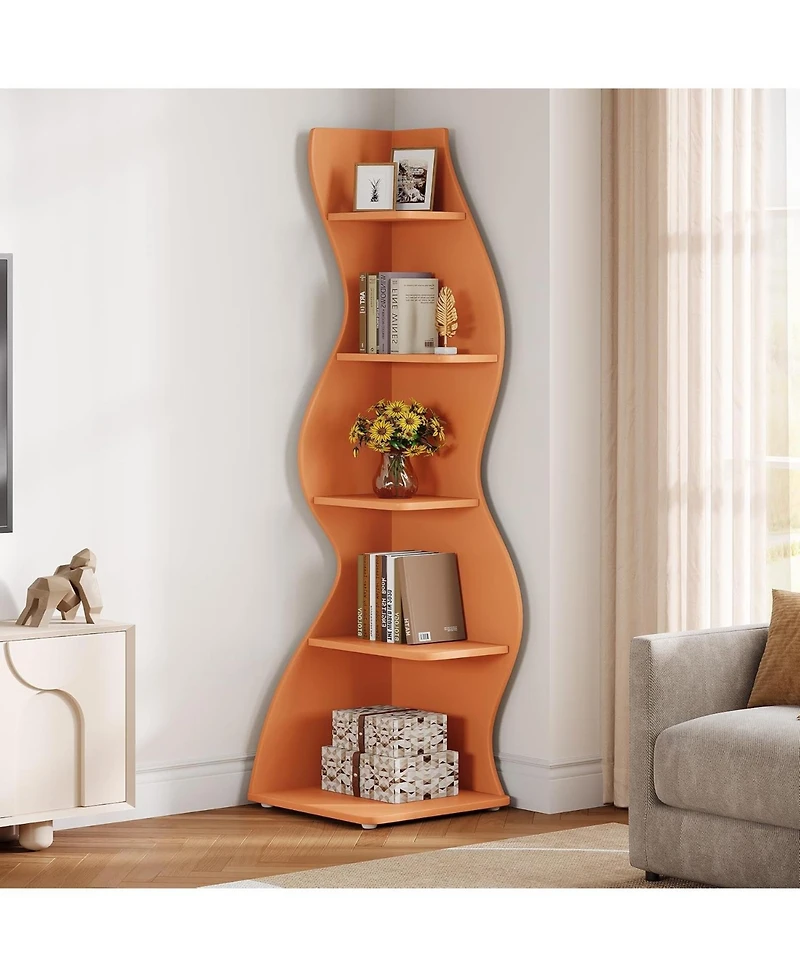 Tribesigns Wavy Corner Shelf Set of 2: 5-tier Curvy Bookshelf. Unique Plant Stand Display Shelf for Living Room, Small Space
