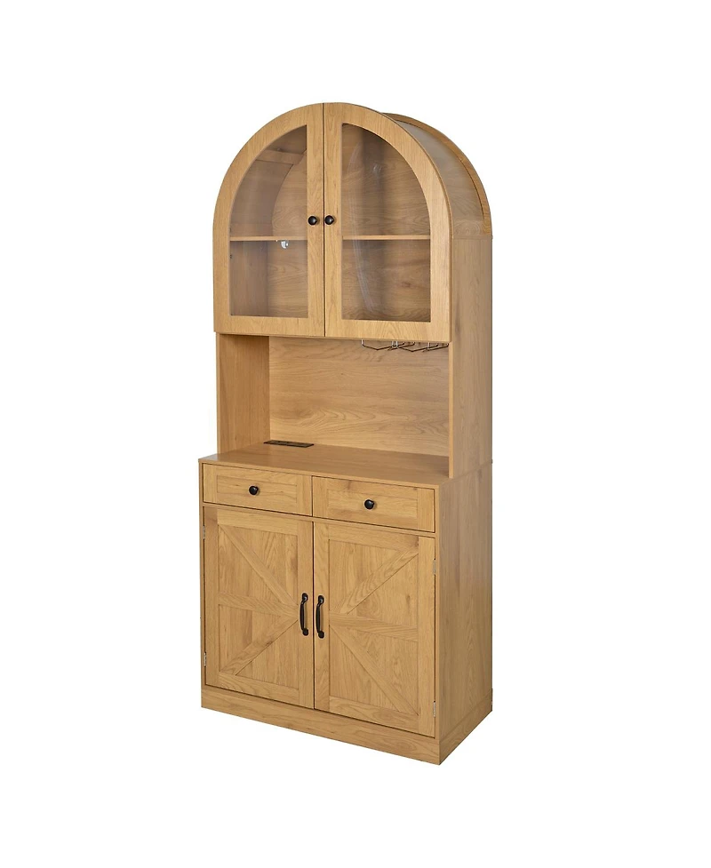 Streamdale Furniture 75" Farmhouse Arched Pantry Cabinet with Charging Station and Coffee Bar
