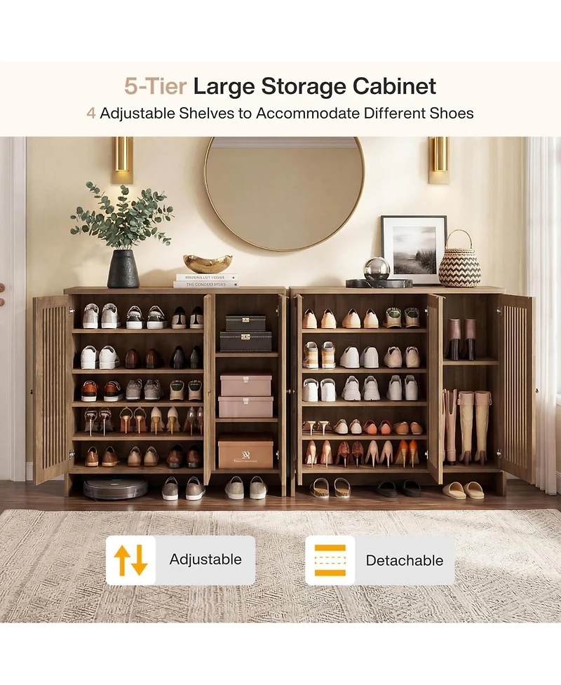 Tribesigns 5-Tier Shoe Cabinet: 3 Doors, Holds 30 Pairs, Storage with Adjustable Shelves, Vertical Slatted Doors, Freestanding for Entryway, Hallway