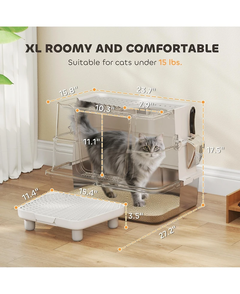 Ruie Xl Stainless Steel Enclosed Cat Litter Box with Flip Top and Scoop