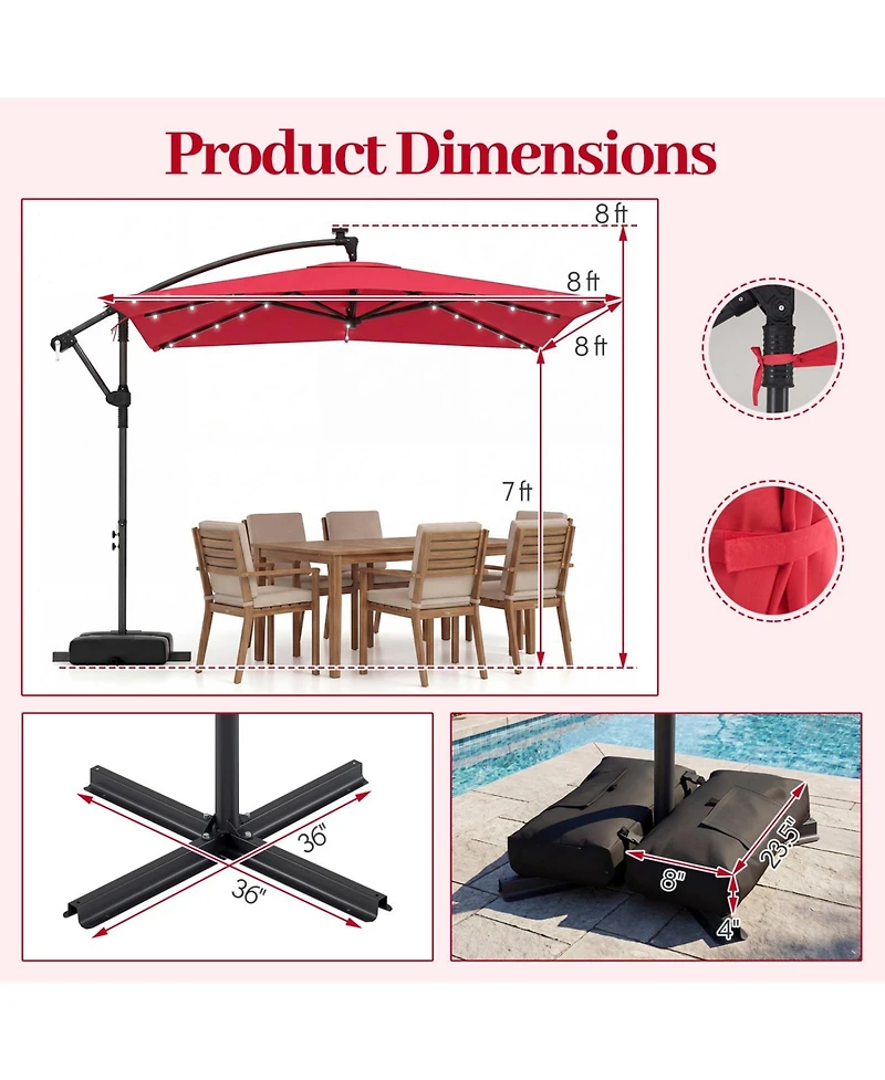 Sugift 8 x 8 feet Solar Led Square Offset Cantilever Outdoor Umbrella with 360 Swivel
