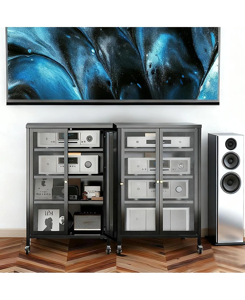 Streamdale Furniture 35.8" Media Storage Cabinet with Wheels and 4 Adjustable Glass Shelves