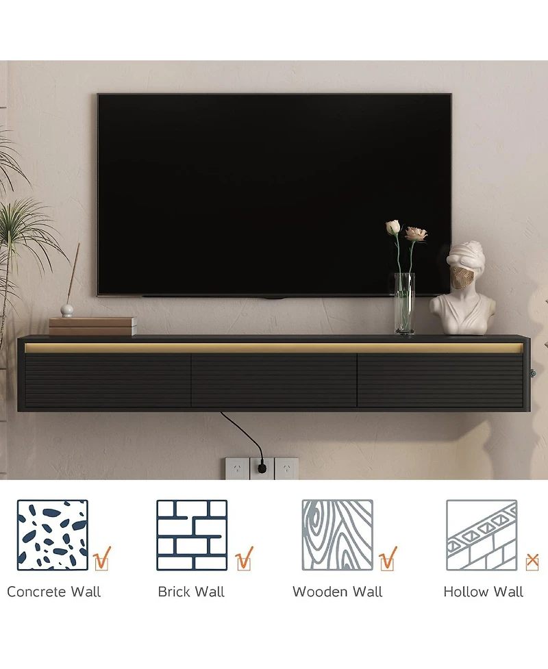Streamdale Furniture Floating Wall-Mounted Tv Stand with Led Lights and Power Outlet
