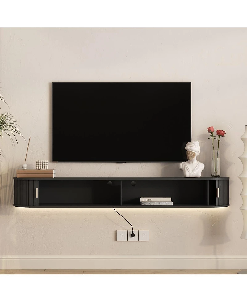Streamdale Furniture 69" Modern Floating Tv Stand with 16-Color Led Lights and Sliding Doors