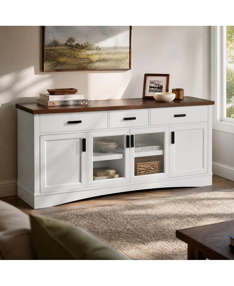 Streamdale Furniture Modern 67" White Tv Console with Glass Doors, Storage Drawers and Adjustable Shelves