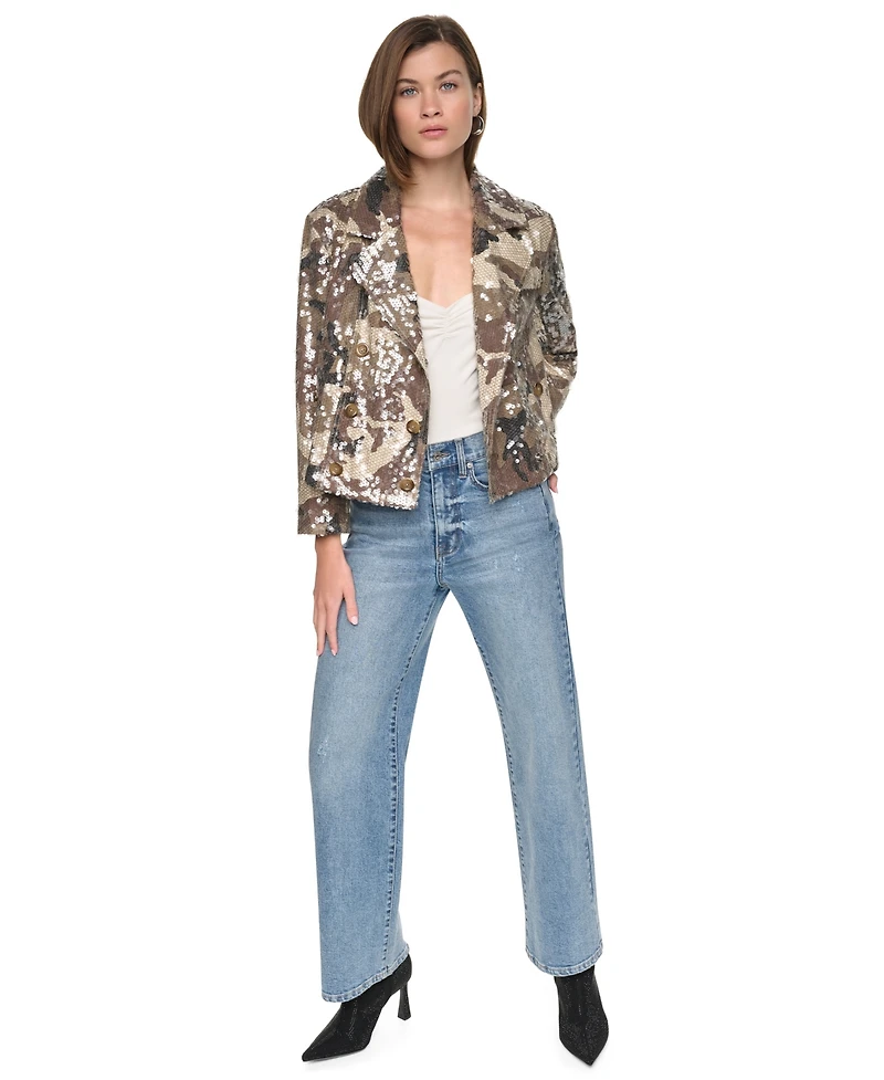 Dkny Jeans Women's Sequin Double Breasted Button Front Trench Jacket