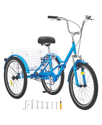 Vevor Folding Adult Tricycle 24" Adult 3-Wheel Folding Trikes Carbon Steel Blue