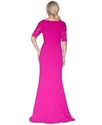 White Tie by Shani Short-Sleeve V-Neck Laser Cut Gown