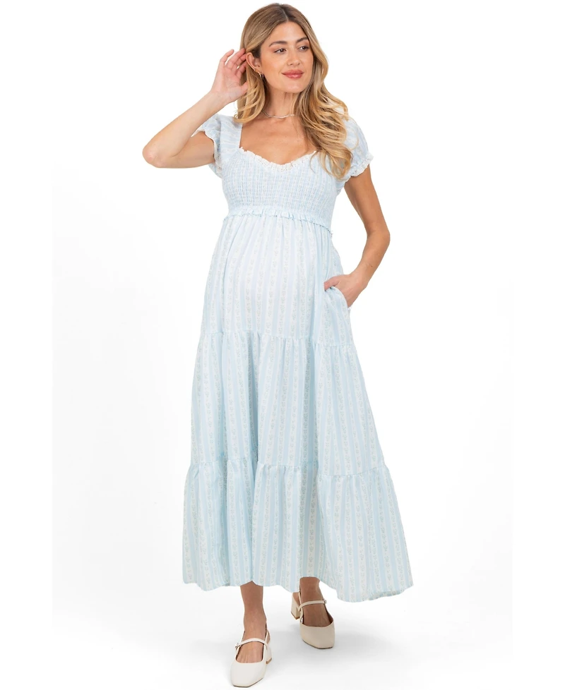 Pinkblush Women's Light Blue Floral Lace Trim Tiered Maxi Dress