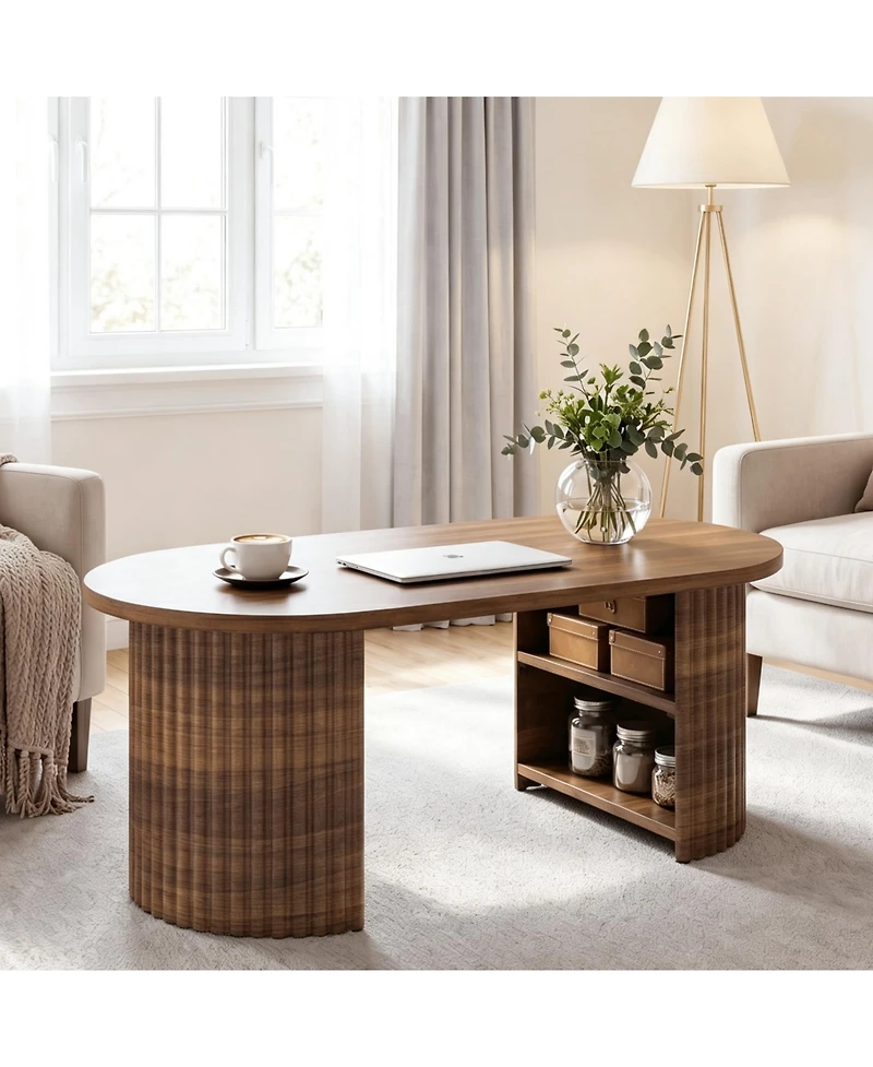 gaomon 39" Oval Fluted Coffee Table, Farmhouse Wood Coffee Table Mid Century Modern Center Table Boho Living Room Tables for Living Room, Home Office