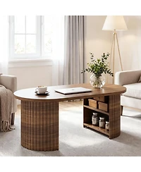 gaomon 39" Oval Fluted Coffee Table, Farmhouse Wood Coffee Table Mid Century Modern Center Table Boho Living Room Tables for Living Room, Home Office