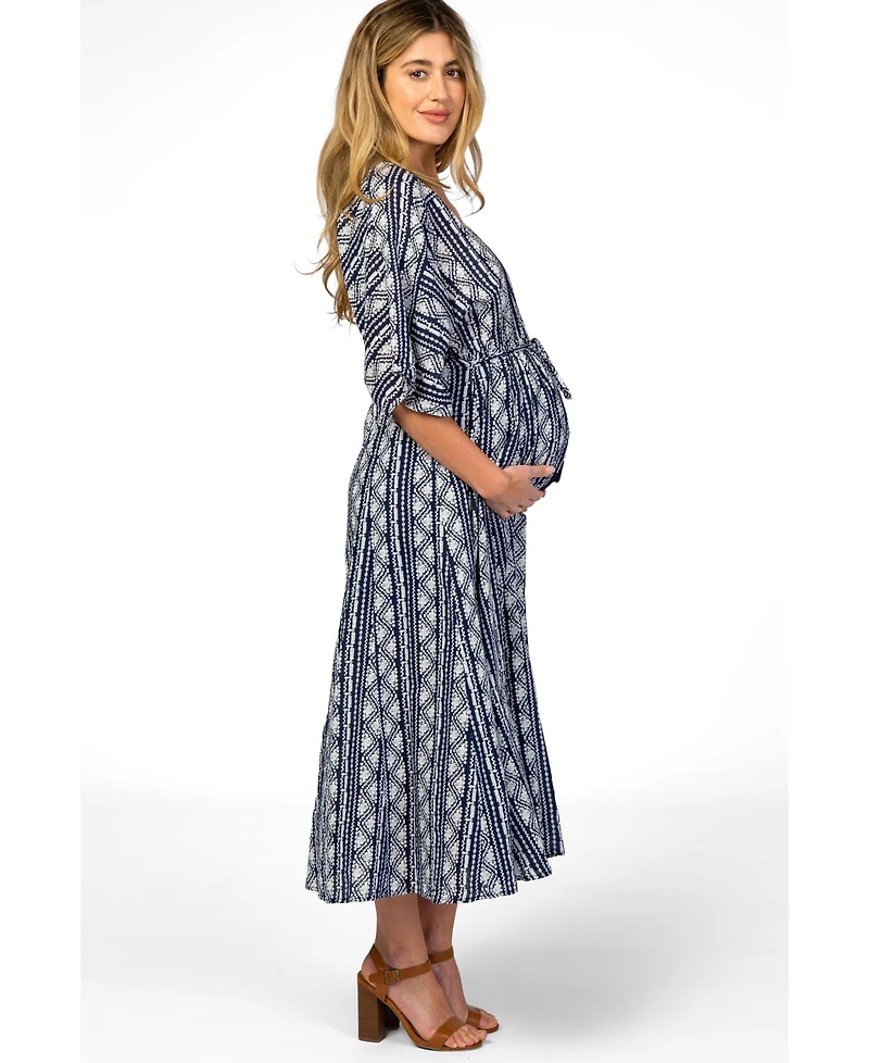 Pinkblush Women's Navy Printed V-Neck Midi Dress