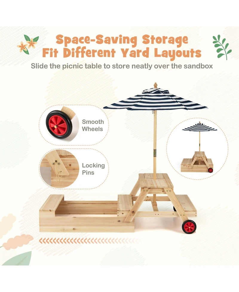 Sugift 2 in 1 Convertible Sandbox Picnic Table, Fir Wood with Adjustable Umbrella, Accommodates 3 Children, Ages 3+
