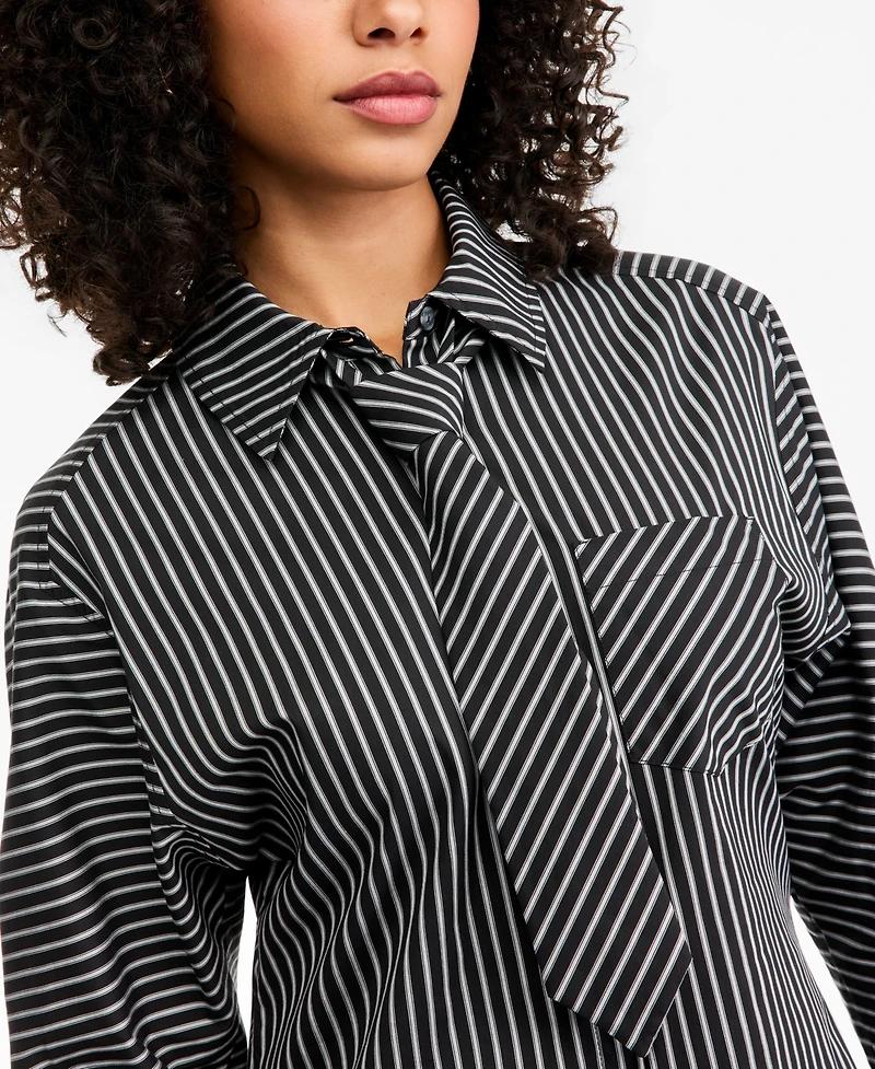 Bar Iii Women's Striped Tie-Neck Long-Sleeve Shirt, Macy's Exclusive