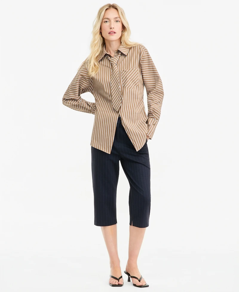 Bar Iii Women's Collared Striped Poplin Tie Shirt, Macy's Exclusive