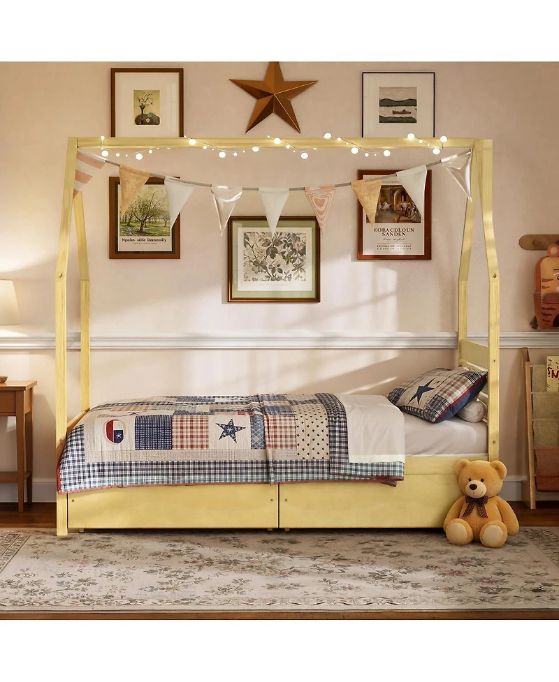 Streamdale Furniture Montessori Twin House Bed Frame with 2 Storage Drawers, Natural Wood