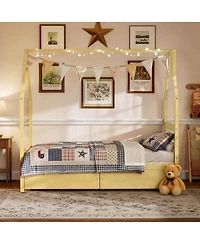 Streamdale Furniture Montessori Twin House Bed Frame with 2 Storage Drawers, Natural Wood