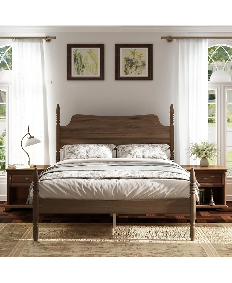 Streamdale Furniture Queen Size Spindle Platform Bed Frame with Curved Tall Headboard