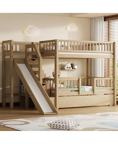 Streamdale Furniture Twin over Twin Bunk Bed with Storage Staircase, Slide and Trundle