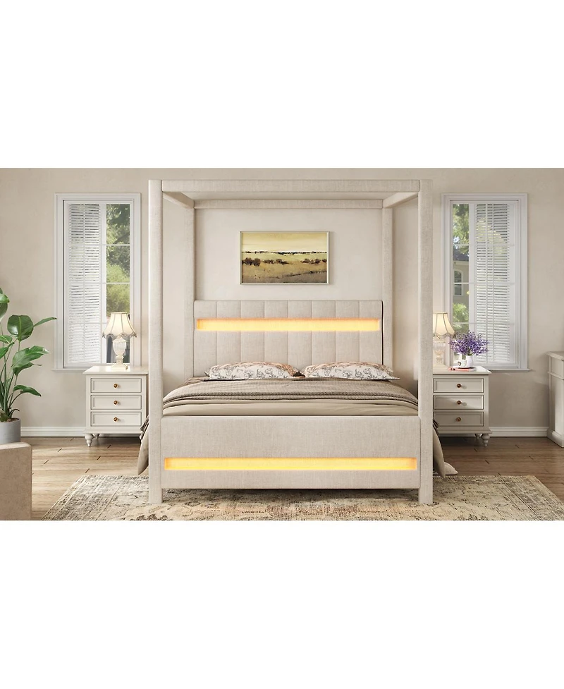 Streamdale Furniture Queen Size Upholstered Canopy Platform Bed with Led Lights