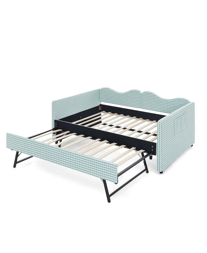 Streamdale Furniture Gingham Upholstered Full-Size Daybed with Trundle and Side Storage Pocket