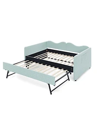 Streamdale Furniture Gingham Upholstered Full-Size Daybed with Trundle and Side Storage Pocket
