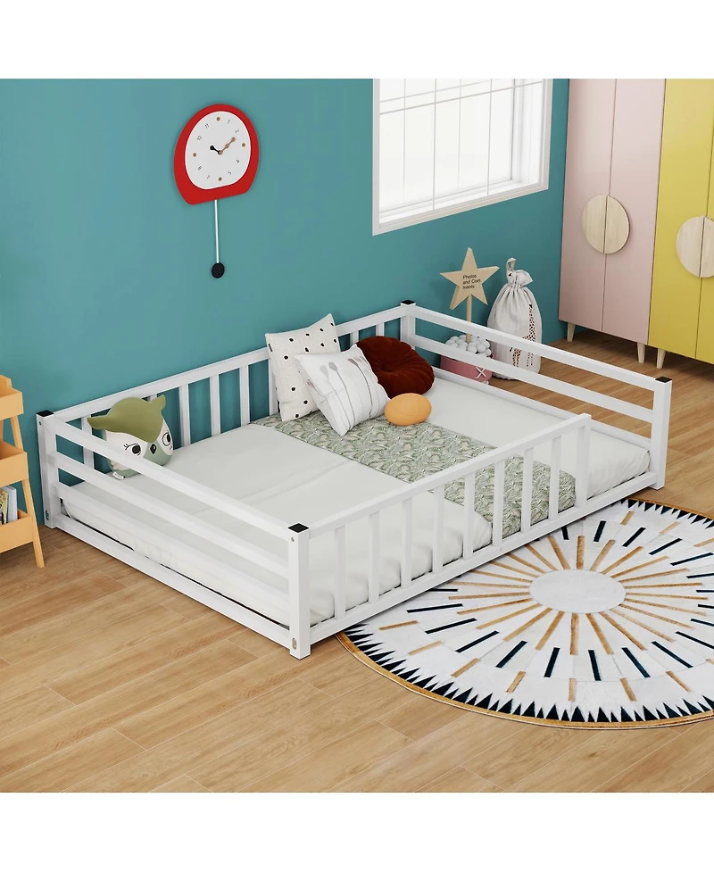 Streamdale Furniture Metal Floor Bed with Guardrails, No Box Spring Needed