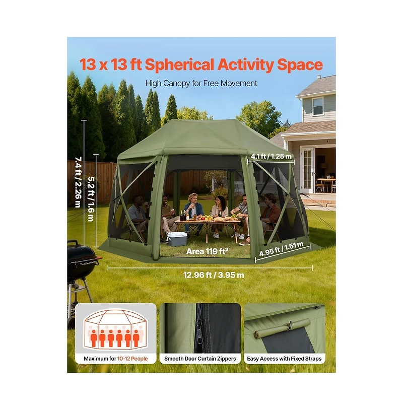 Sugift 13 x 13 feet Pop Up Gazebo Screen Tent 13 Sided Camping Canopy with Mesh Windows Carry Bag