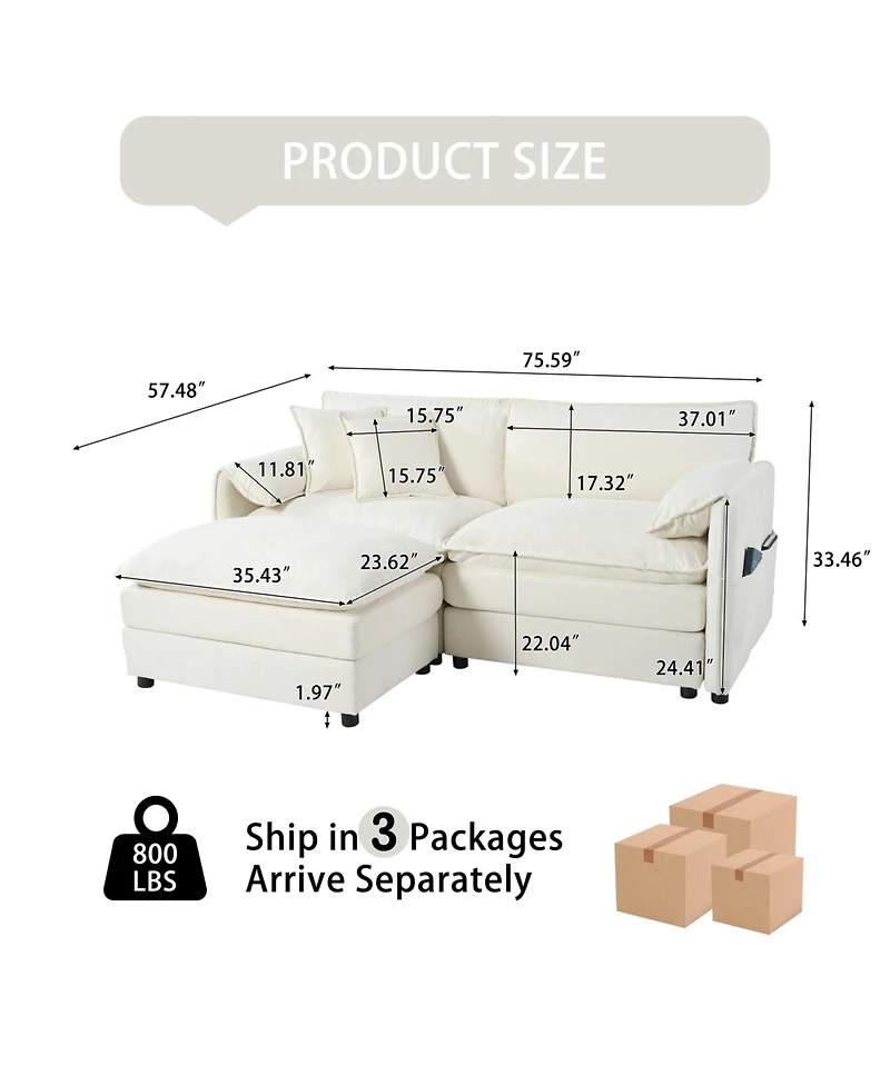 Clihome Deep Seat Sectional Sofa Cloud Couch with Ottoman, Modern Chenille Comfy Love Upholstered Modular L Shaped