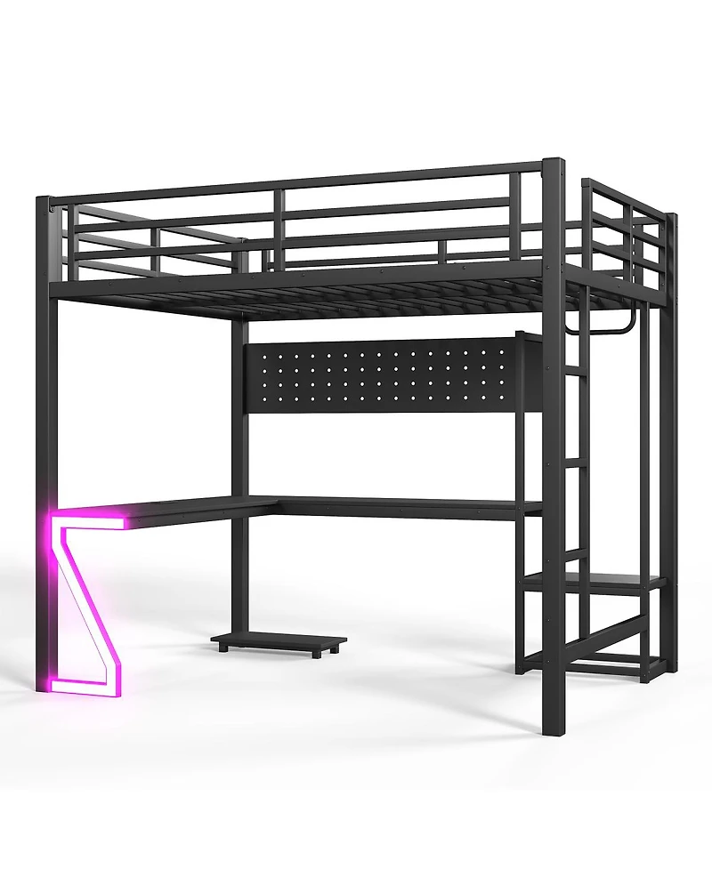 Streamdale Furniture Full Loft Bed with L-Shaped Desk, Usb Ports, and Gaming Lights