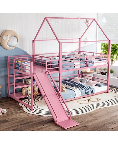 Streamdale Furniture Full Metal House Bunk Bed with Storage Stairs, Slide, Safety Rails