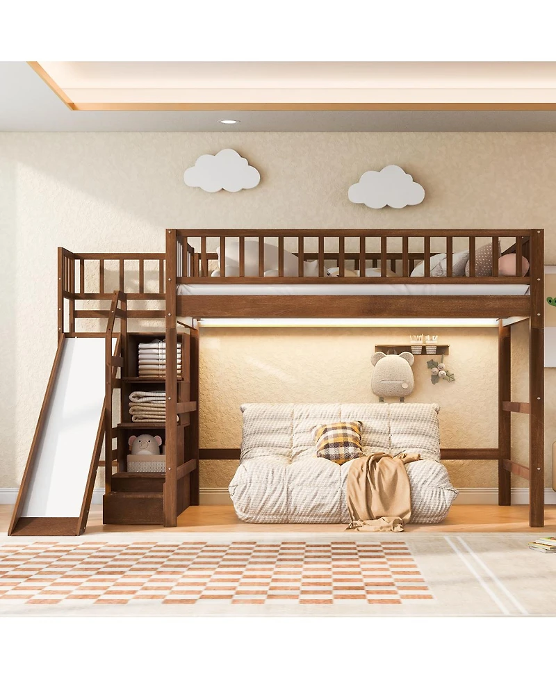 Streamdale Furniture Loft Bed with Storage Staircase, Slide and Led Light