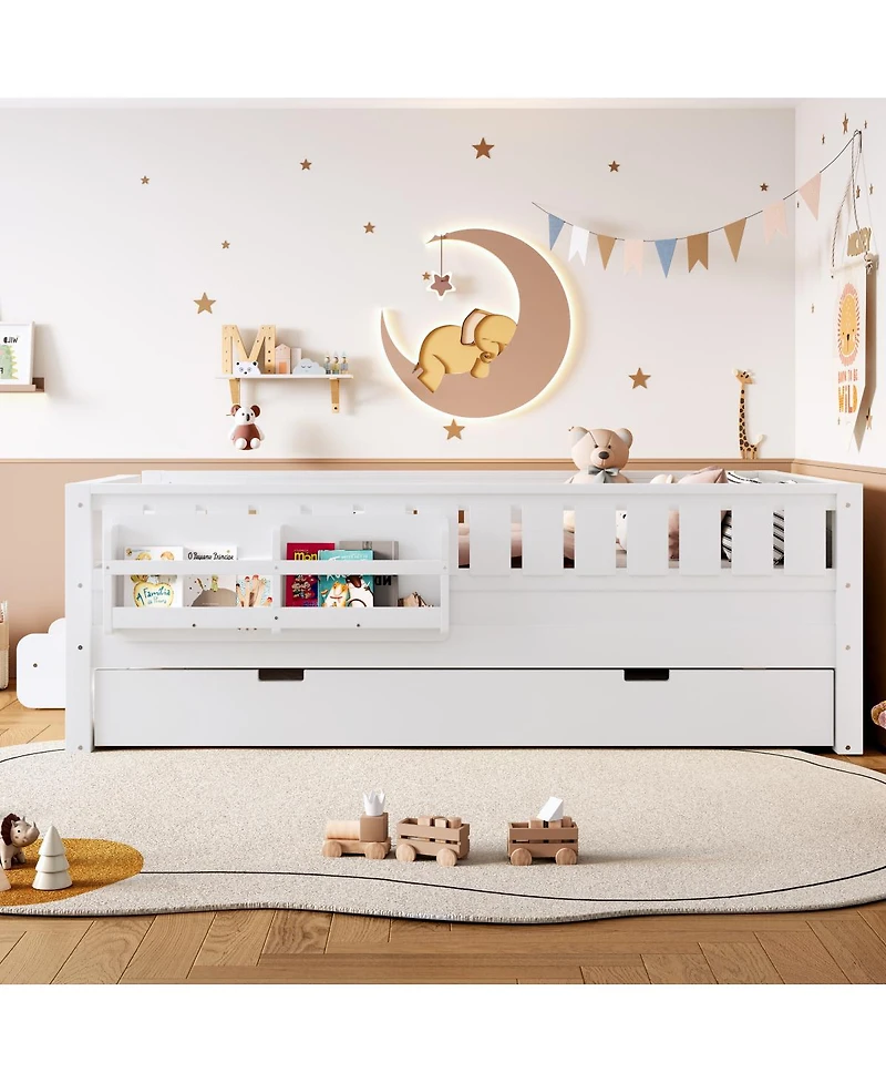 Streamdale Furniture Twin Bed with Bookshelves, Staircase, Safety Rails, and Trundle