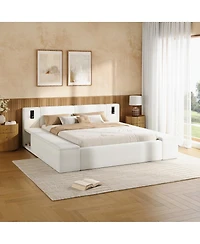 Streamdale Furniture Queen Teddy Fleece Platform Bed with Hidden Storage, Nightstands and Led Lights