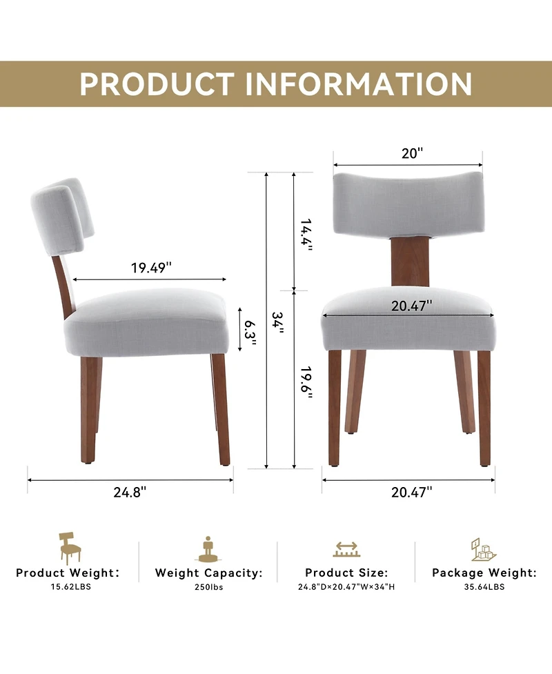 Flynama Set of 2 Linen Curved Wingback Dining Chairs, Rubber Wood Legs 250lbs Capacity