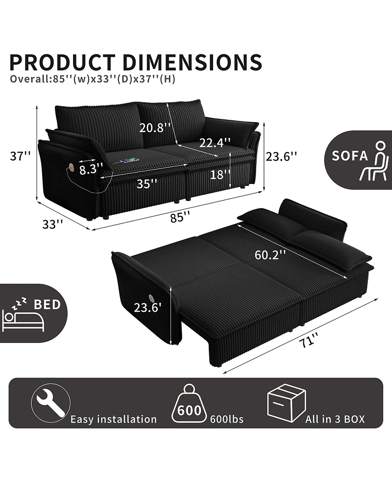 Boyel Living 85" Convertible Sofa Bed, 2-in-1 Plush Fleece Pull-Out Couch with Wood Frame, 600 lbs Capacity for Room
