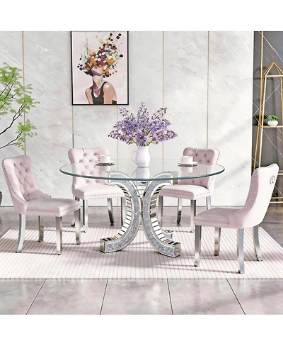 Streamdale Furniture Crushed Diamond Mirrored Round Dining Table with C-Shape Base