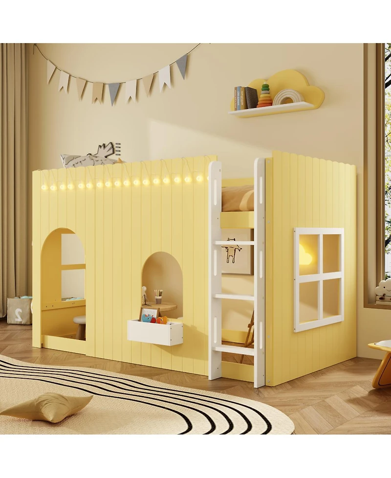 Streamdale Furniture Twin Size Kids Loft Bed with Warm Led Light String, Primrose