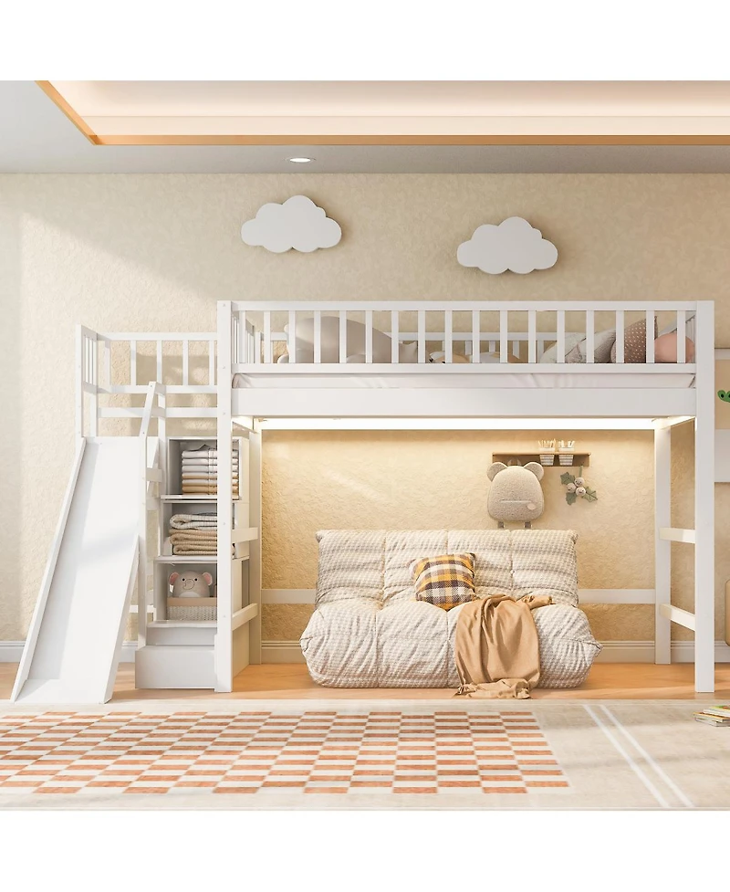 Streamdale Furniture Full Size Loft Bed with Storage Staircase, Slide and Led Light