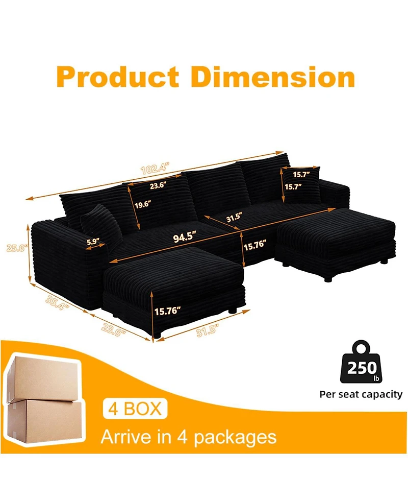 Streamdale Furniture 102.4" Plush Corduroy 4-Seat Cloud Sofa with 2 Ottomans