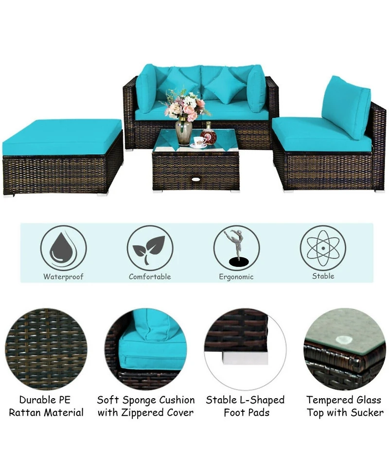 Sugift 5 Piece Outdoor Patio Rattan Sectional Conversation Furniture Set with Cushions